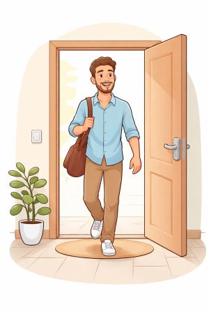 Mosolygó ember lép be egy ajtón – a spanyol gerundio egyidejűséget kifejező használatának illusztrációja